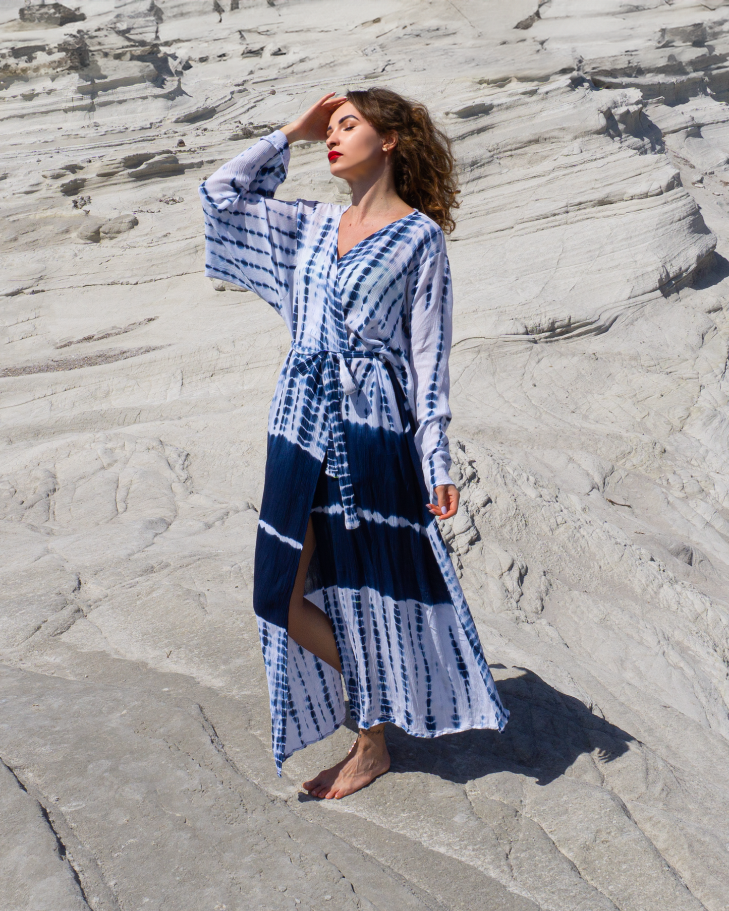 SAMIMI Boho Beach Kimono Robe – Lightweight Viscose / Blue - White