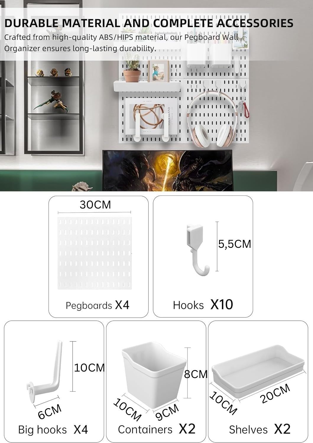 NNEDSZ Pegboard Combination Kit with 4 Pegboards and 18 Accessories Modular Hanging for Wall Organiser