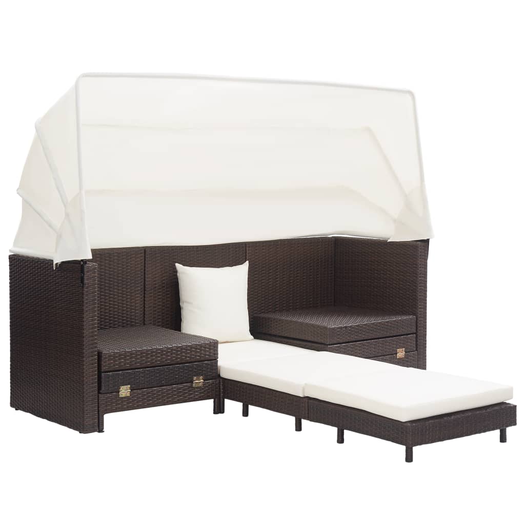 NNEVL Extendable 3-Seater Sofa Bed with Roof Poly Rattan Brown