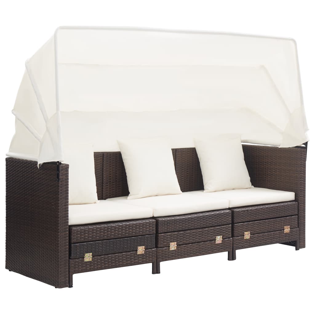NNEVL Extendable 3-Seater Sofa Bed with Roof Poly Rattan Brown