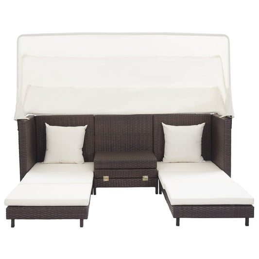 NNEVL Extendable 3-Seater Sofa Bed with Roof Poly Rattan Brown