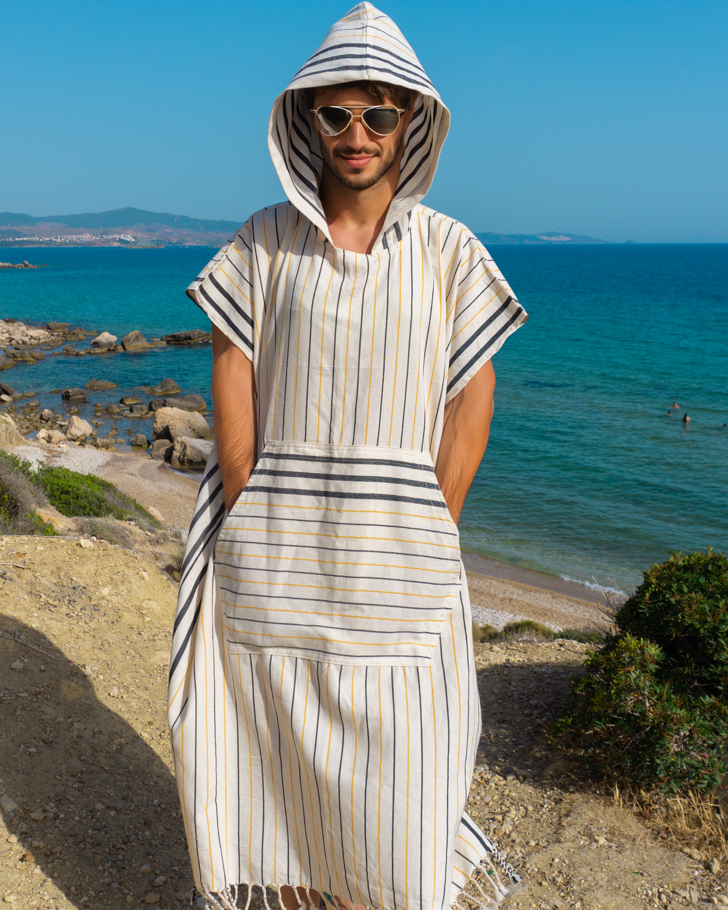 Men Hooded Beach Pool Spa Sauna Poncho, Changing Towel - Stripe Yellow, with Recycled Gift Box