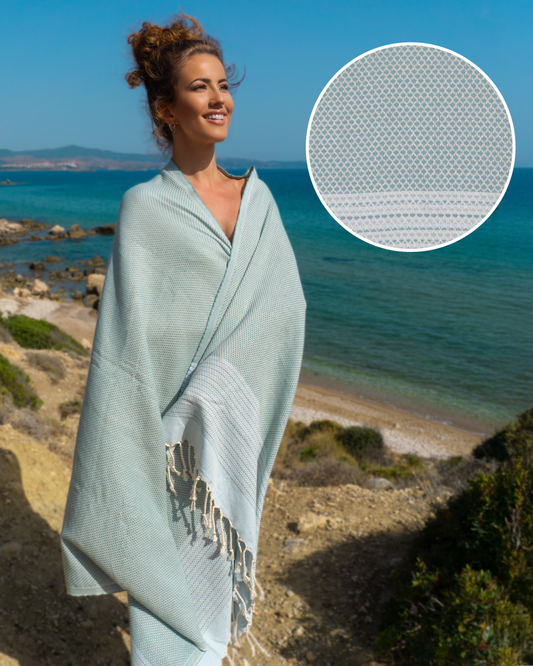 PHARAO Beach Towel, Turkish Hammam Towel, Spa & Sauna Towel - Mint / Light Blue